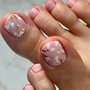 Nails Press On Toenails 24 White & Gold Leaves Short Style Kit Fake Glossy Pink
